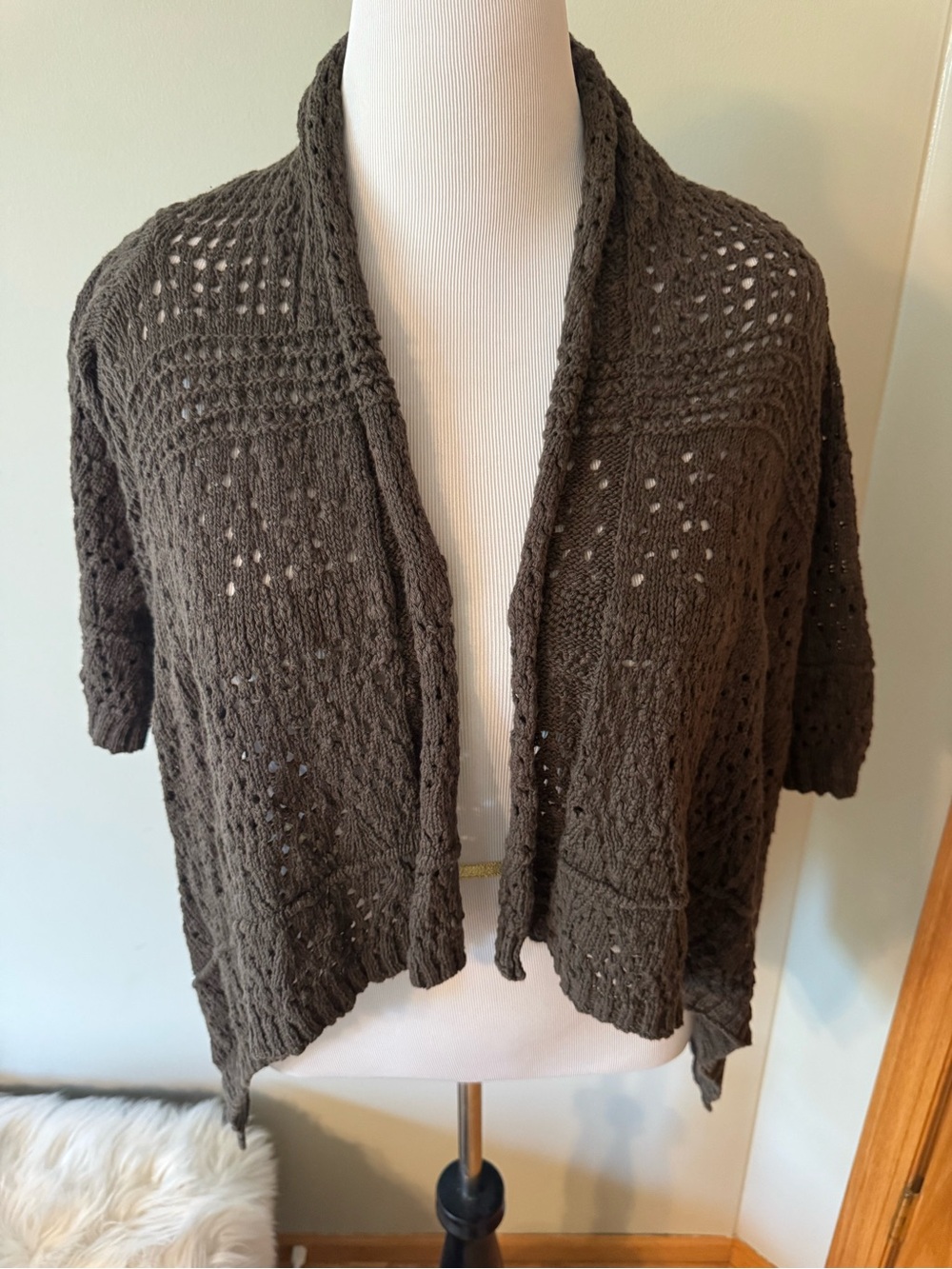Calvin Klein Olive Open-Front Crochet Cardigan